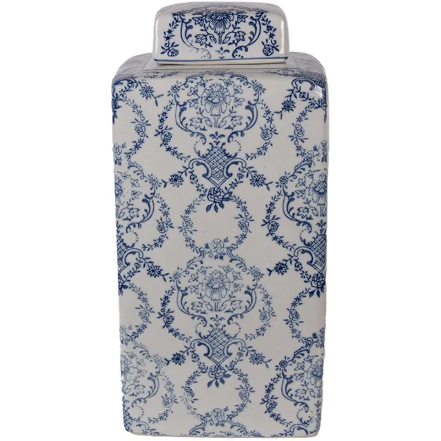 Clayre & Eef Vaas met Deksel 15x15x31 cm Wit Blauw Keramiek