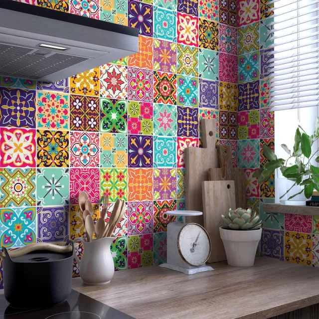 Ambiance Sticker Muurstickers - Zelfklevende tegelmuurstickers voor keuken en badkamer - 24 VOLTERRA TEGELSTICKERS - 24 stickers 15x15cm Multi color