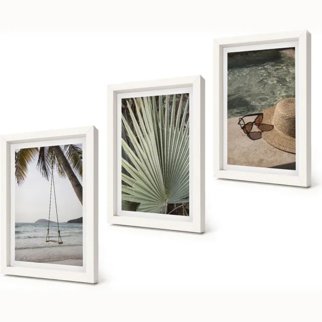 Coloray 3-Delige Schilderij Set - Vakantie aan het strand met palmbladerenschommel - 20x30 - Moderne Wanddecoratie - Slaapkamer - Stijlvolle Muurdecoratie Witte lijst