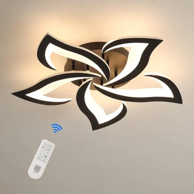 Haobosic Plafondlamp - 60cm - Groot - 40W - Dimbare LED - 4700LM - Met Afstandsbediening - 3000K-6500K - Bloemblaadjes Design - Acryl - Voor Woonkamer, Slaapkamer, Eetkamer Zwart