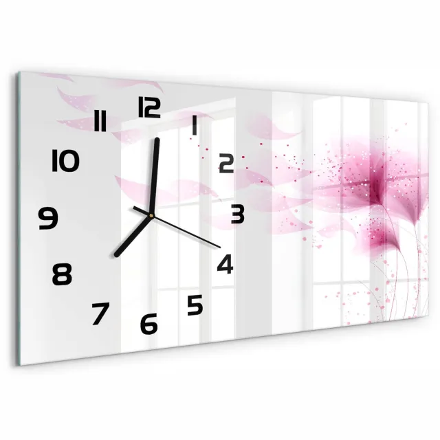 TULUP Wandklok - Roze bloem Moderne Wandklok Glas - 60x30 cm - Roze Wandklok Glas Decoratie - Zwarte handen - Rechthoekige Klok - Glazen Wandklok Design - Klok Glas Met Opdruk