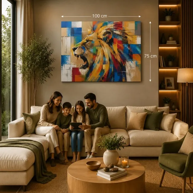 Trendex Global Canvas Schilderij -100x75 - cm - Keurrijke Leeuw - Abstracte kunst - Luxe Wanddecoratie Kleurrijk