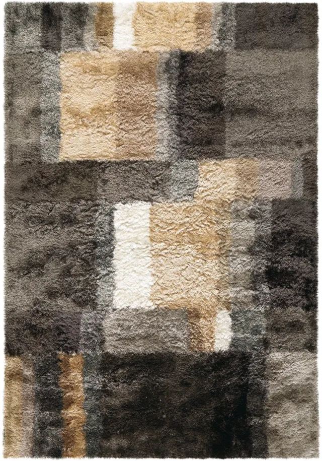 Padiro knus hoogpolig shaggy vloerkleed 70 x 140 cm - lichtbeige - geometrisch ruiten- en blokkenpatroon - van polyester en katoen