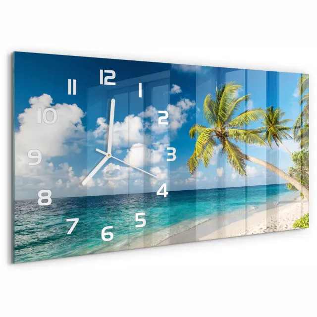 TULUP Wandklok - Strand van de Malediven Wandklok Glas Decoratie - 60x30 cm - Blauw Gekleurde Glazen Klok - Witte handen - Rechthoekige Klok - Klok Glas Met Opdruk - Moderne Wandklok Glas