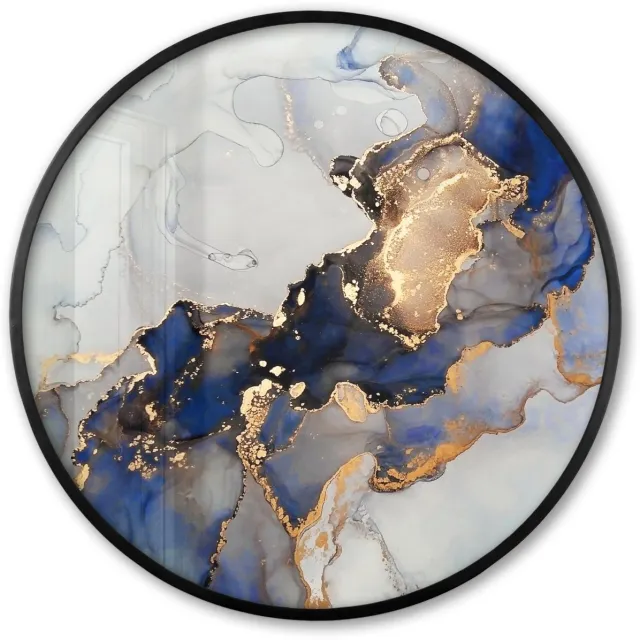 FrameYourWall Poster in lijst Rond - Fotolijst 80x80 cm - Posters - Marmer - Blauw - Goud - Ronde posterlijst zwart - Decoratie - Wanddecoratie woonkamer - Muurdecoratie slaapkamer