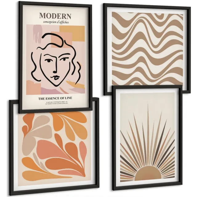 Coloray 4-Delige Schilderij Set - Zon Boho Pastel Abstracte Vormen Poster - 40 x 40 cm En 40 x 60 cm - Wanddecoratie - Muurdecoratie - Woonkamer - Stijlvolle Muurdecoratie Zwarte lijst
