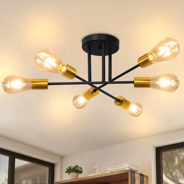 NETTLIFE Plafondlamp - 6xE27 Fitting - goud - Vintage Woonkamerlamp - Kroonluchter - Slaapkamerlamp - zonder gloeilamp