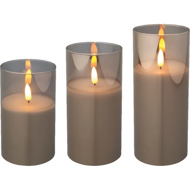 Lumineo luxe LED kaarsen - in glas - 3x stuks - grijs - stompkaarsen - timer