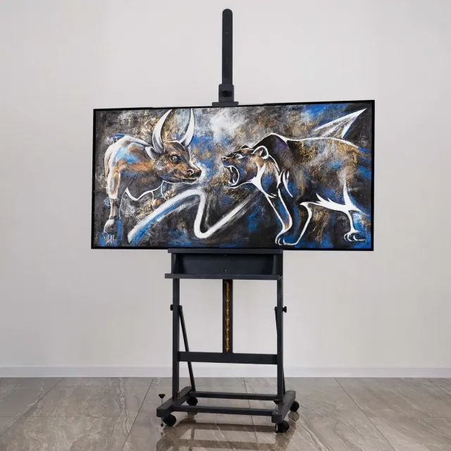 YS Canvas schilderij 100x50 cm handgeschilderd beurs financieel abstract – YS-Art Gallery – Dynamische wanddecoratie voor woonkamer – Modern schilderij voor kantoor en hal Black