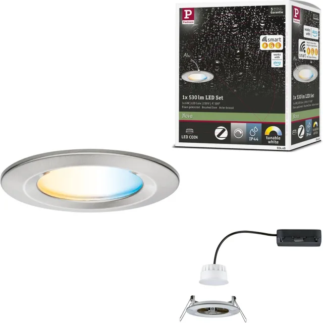 Paulmann LED-inbouwlamp Nova Coin IP44 rond 78 mm Tunable White 6W 530lm 230V Staal geborsteld Aluminium