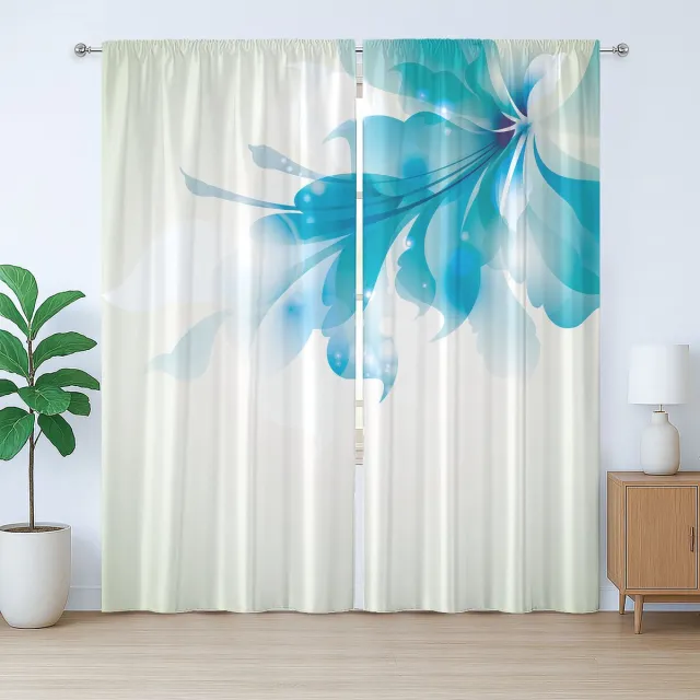 ABAKUHAUS Rustiek gordijn met bloemen, blauwe ombré bloemen, met lussen en haken voor de woonkamer, 280 x 260 cm, lichtblauw wit