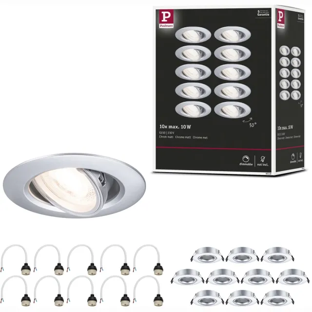 Paulmann Inbouwlamp Set van 10 zwenkbaar rond 90 mm 30° GU10 max. 10x10W 230V dimbaar Chroom mat