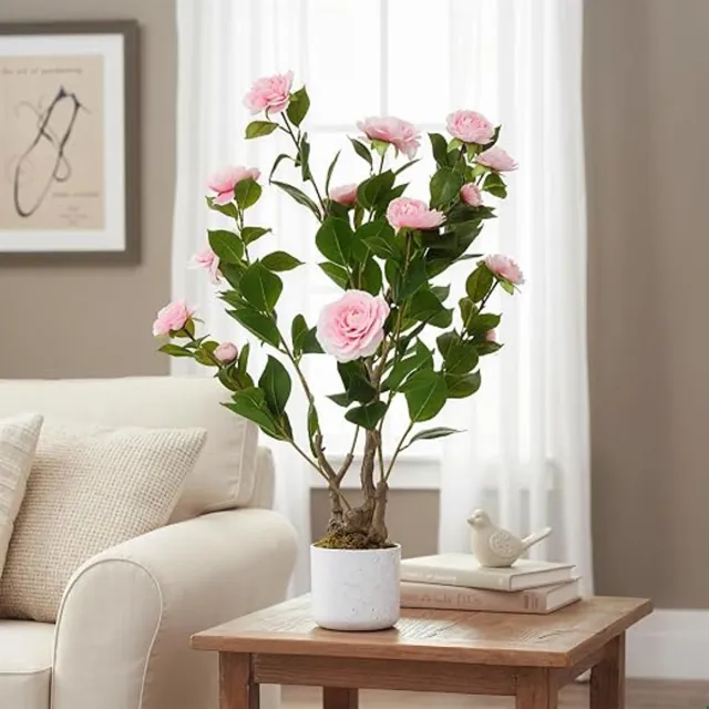 Triumpunpre Kunstbloem Camelia 76cm - Roze 16 bloemen - Wit pot - Onderhoudsvrije decoratie voor huis en kantoor
