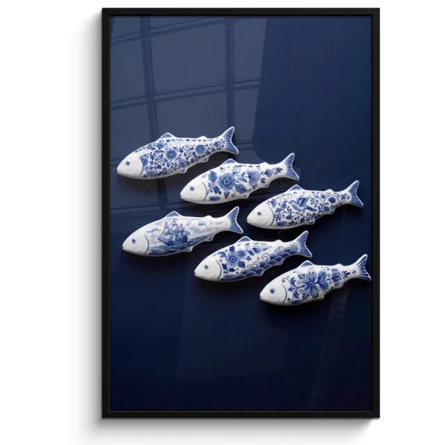 FrameYourWall Poster in lijst - Fotolijst 80x120 cm - Posters - Vissen - Delfts - Blauw - Keramiek - Posterlijst zwart - Decoratie - Wanddecoratie woonkamer - Muurdecoratie slaapkamer