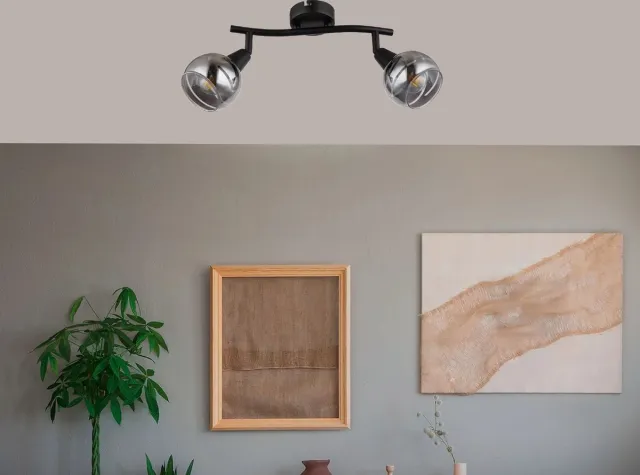 Trango 2-vlams Plafondlamp 1010-25L zwart-optiek draaibaar *WOW* incl. 2x 5Watt LED lamp 3000K warm wit, spots met design rokerige glazen kappen Woonkamerlamp, plafondspots 2-Vlams zwart