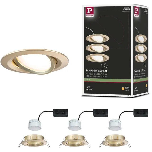 Paulmann LED-inbouwlamp Nova Coin Set van 3 rond 84 mm 50° Coin 3x6W 3x470lm 230V 2700K Goud mat
