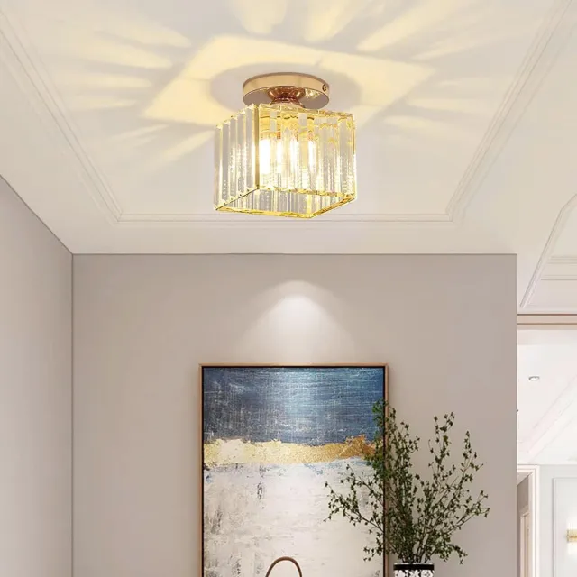 MELVRA Moderne Kristallen Plafondlamp Goud – Mini Vierkante Kristallen Kroonluchter E27 – Luxe Lamp voor Hal, Entree, Keuken, Slaapkamer & Woonkamer