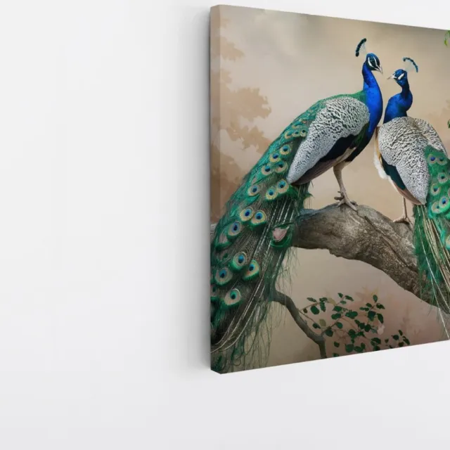 Saammp Canvas Schilderij - 2 Pauwen - Dieren - Natuur - 20x20 - Foto op canvas - Wanddecoratie - muurdecoratie Woonkamer - Slaapkamer decoratie - Canvas Print Multicolor