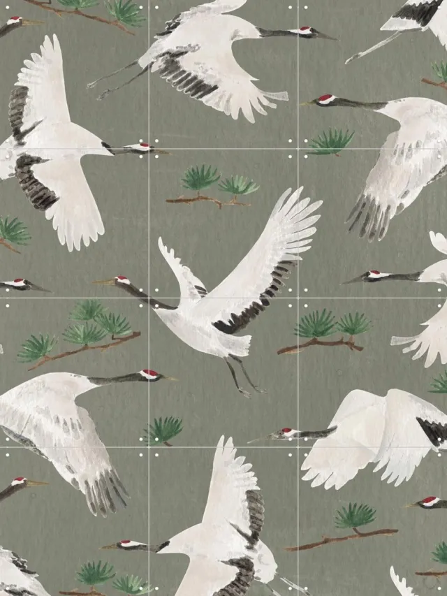 IXXI Cranes Green, Isabelle Vandeplassche & Rijksmuseum 2.0 - 60 x 80 cm - Grote wanddecoratie en posters - Klassiek, Aquarel, Grafisch Ontwerp Wit / Donkere tinten