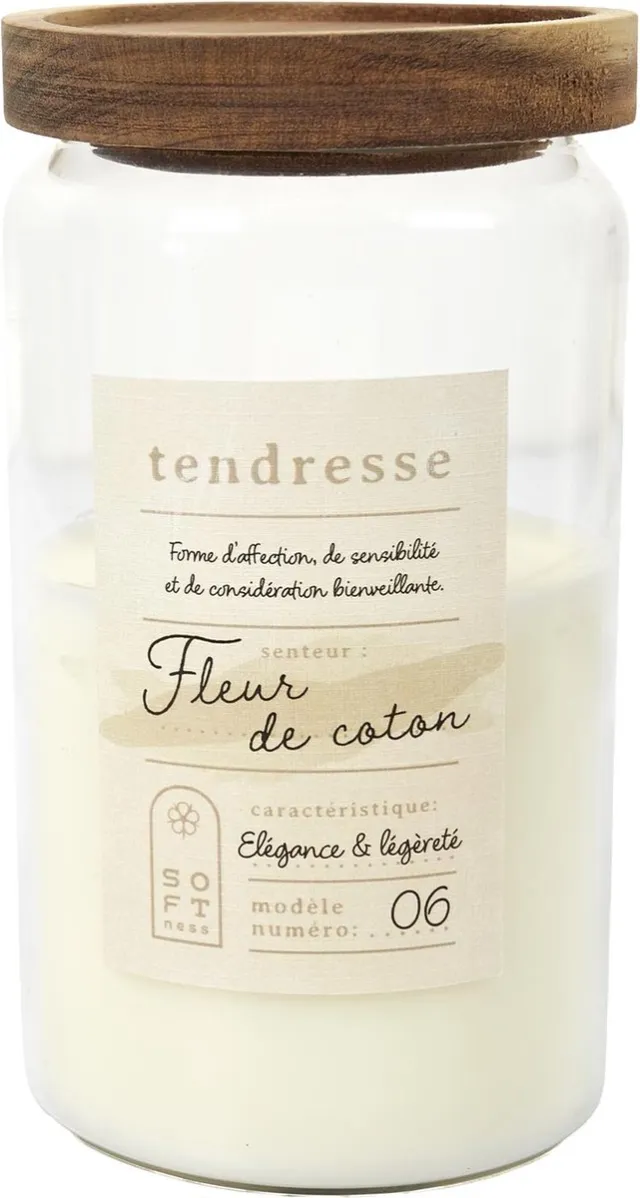 WDMT Geurkaars in Glazen Pot met Massief Houten Deksel - Fleur De Coton Geur - Ø 9 x 16,5 cm - Luxe Sfeerkaars voor Thuis - Wit