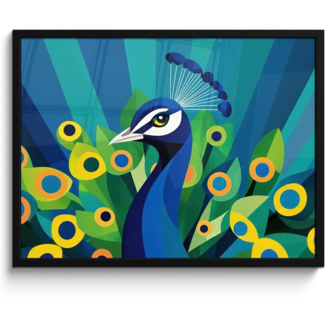 FrameYourWall Poster in lijst - Fotolijst 80x60 cm - Posters - Pauw - Cirkels - Blauw - Posterlijst zwart - Decoratie - Wanddecoratie woonkamer - Muurdecoratie slaapkamer