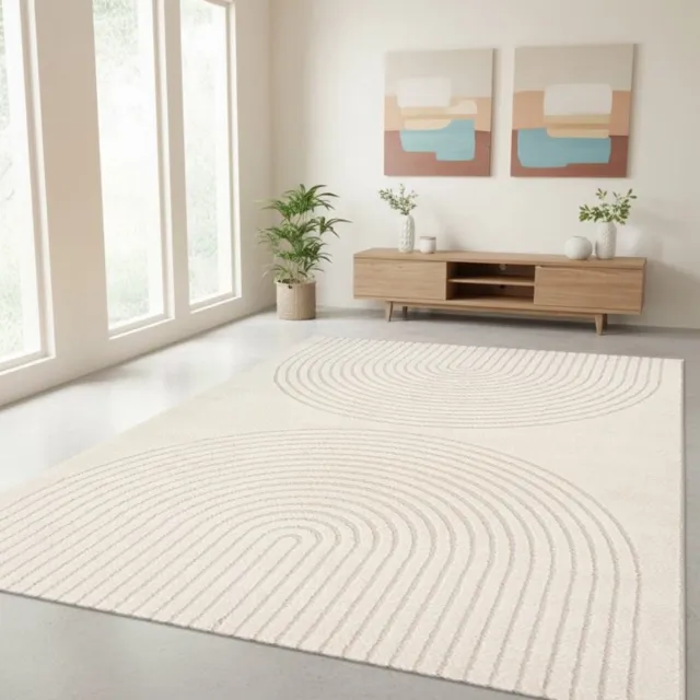 TapisTrend Designer tapijt Crème 200x280 cm Modern vloerkleed met dubbele concentrische bogen in reliëf voor woonkamer, slaapkamer en eetkamer Beige