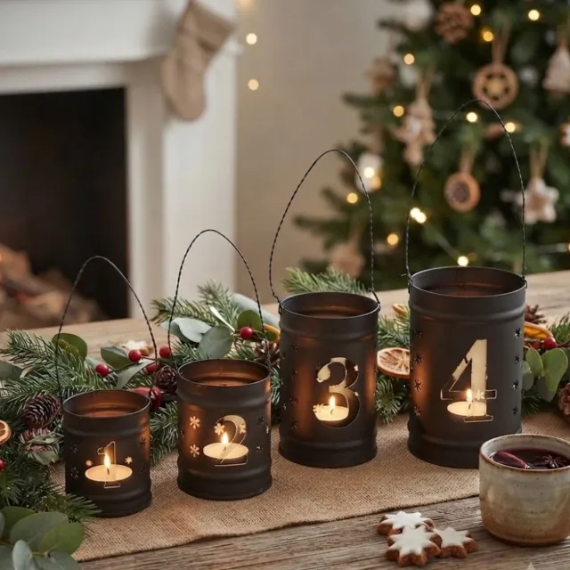 posiwio Set van 4 kleine Advent Lantaarns metaal – Metalen Waxinelichthouders met Cijfers – Zwarte Kerstdecoratie