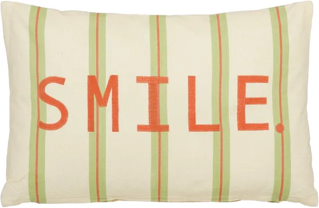 Mica Decorations Smile Sierkussen - Kussen met Kussenhoes - Woondecoratie Woonkamer - 55 x 35 x 10 cm - Katoen - Groen, Off-white, Oranje