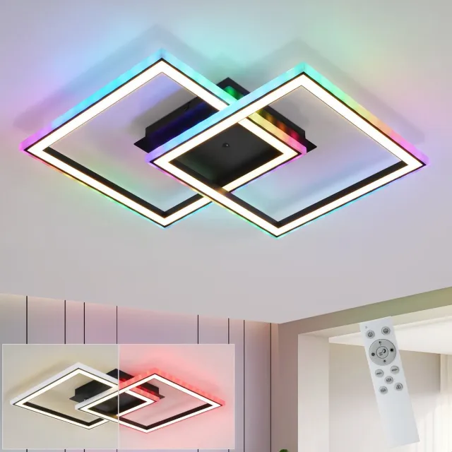 NETTLIFE LED Plafondlamp - Zwart - modern - dimbaar met afstandsbediening - RGB kleurverandering - 2 hoekig ontwerp - 40W slaapkamerlamp - voor woonkamer | keuken | hal eetkamer