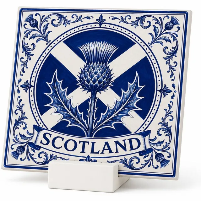 Bedruk King Schotland Decoratieve Keramische Tegel 11x11 cm met houdertje– Schotse Distel Wandtegel – Blauw Wit Heritage Design – Schotland Souvenir Cadeau