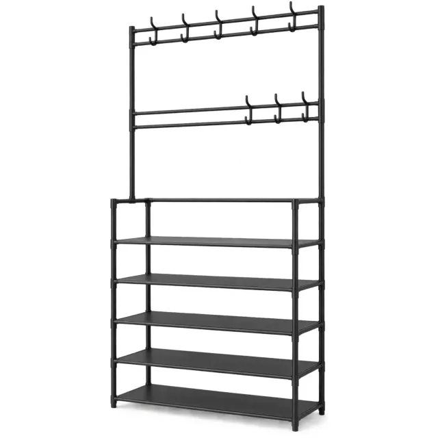 Noventra Kapstok met Schoenenrek – Garderoberek met 5 Schoenenplanken en Meerdere Haken – Staande Kledingrek met Opbergruimte voor Jassen, Schoenen, Tassen en Accessoires – Zwart Metaal