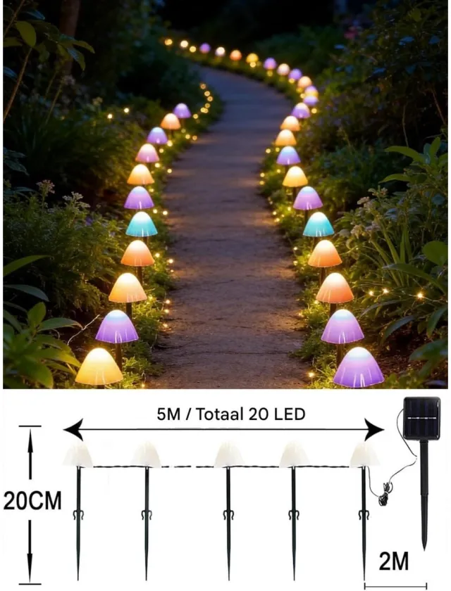 SSTRWGOOD Op zonne-energie werkende paddenstoel tuinverlichting - 5 meter, 20 LED's - 8 standen - Solar tuinverlichting in de vorm van paddenstoelen - IP65 waterdicht - Geschikt voor gazon, balkon, terras en paasdecoratie - Kleurrijke verlichting