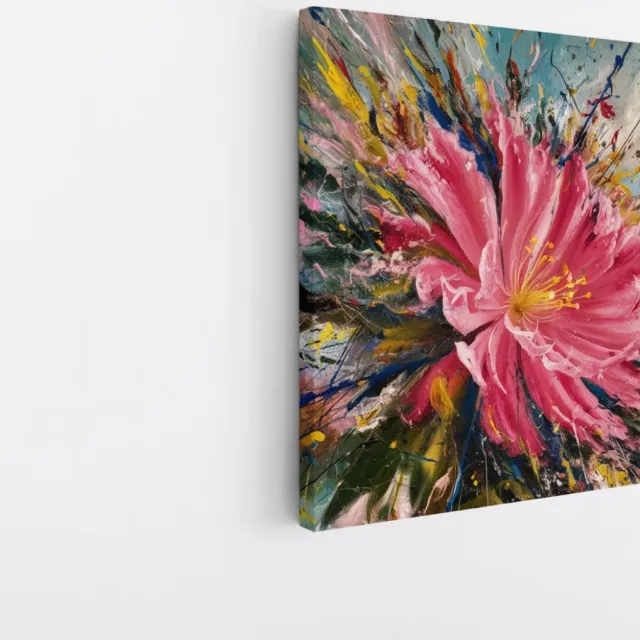 Saammp Canvas Schilderij - Roze Bloem met verfspetters - Abstract - 20x20 - Foto op canvas - Wanddecoratie - Muurdecoratie Woonkamer - Kantoor Decoratie Multicolor