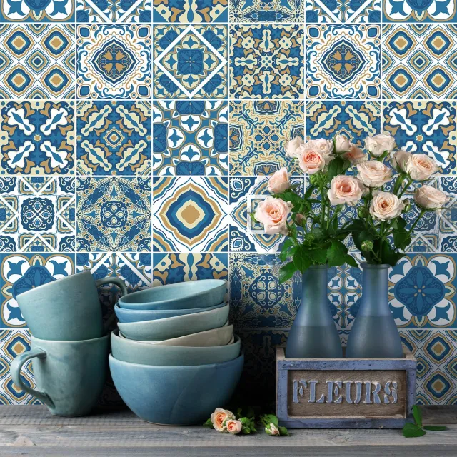 Ambiance Sticker Zelfklevende tegelmuurstickers voor keuken en badkamer - 9 cementtegelstickers, Azulejos Isabelo - 9 stickers, 20x20cm Multi color