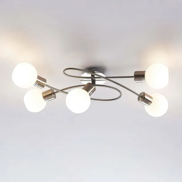 Lindby plafondlamp - 5lichts - Metaal, glas - H: 15.5 cm - E14 - mat nikkel, opaalwit