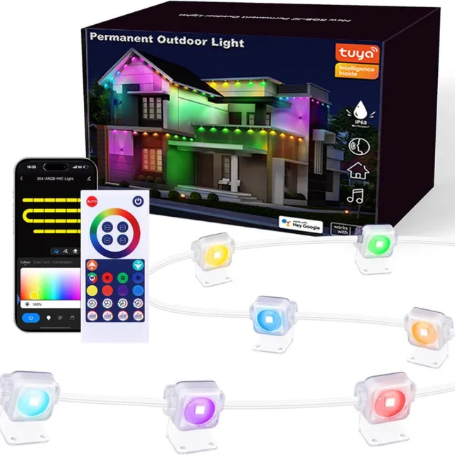 MUPOO Permanente Lichtsnoeren voor Dakrand - Slimme Verlichting - Met Afstandsbediening - App - WIFI - 15 meter - 30 LED - IP65 Waterdicht - Buitenverlichting Kerstmis - Sfeerverlichting voor thuis