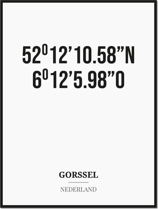 Studio216 Poster/kaart GORSSEL met coördinaten zwart, wit