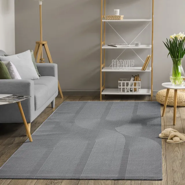the carpet Lima – modern vloerkleed, duurzaam & onderhoudsvriendelijk, wasbaar, gerecycled polyester, 3D-patroon, grijs, 160 x 230 cm grijs met gebogen 3D-lijnen
