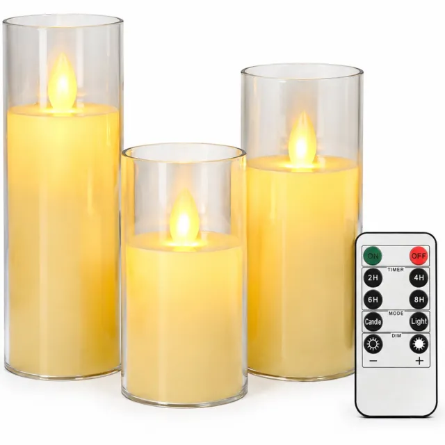 SWGOTA led kaarsen, set van 3, ivoor met bewegende vlam en transparante kap, met afstandsbediening, diameter 5,5 cm, hoogte 10/12,5/15 cm