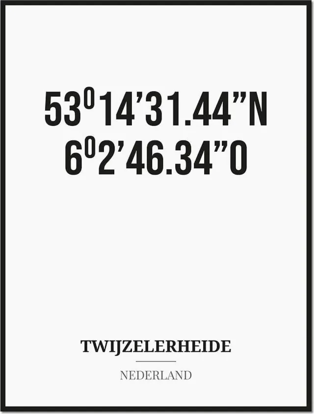 Studio216 Poster/kaart TWIJZELERHEIDE met coördinaten zwart, wit