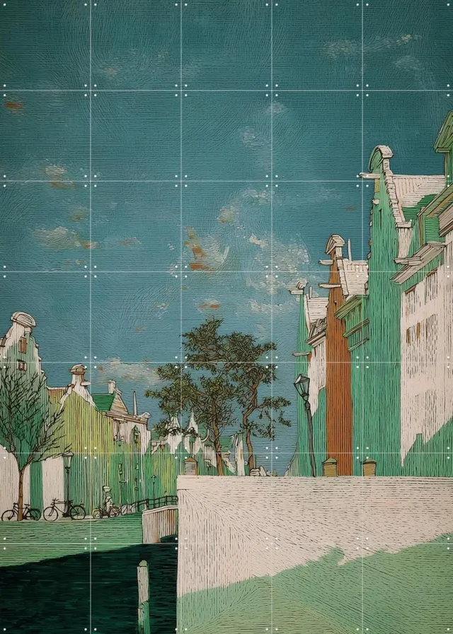 IXXI Amsterdam 2, Artclaud - 100 x 140 cm - Grote wanddecoratie en posters - Geometrische Kunst, Kleurrijk, Modern, Realisme, Speels, Kwaststreken Groen / Blauw