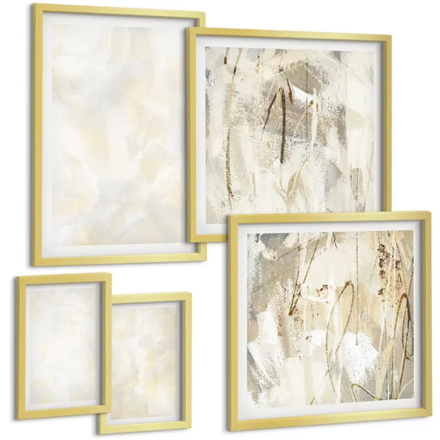 Coloray 5-Delige Schilderij Set - Heldere Texturen, Penseelstreken En Design. - 50 x 50 cm, 20 x 30 cm En 40 x 60 cm - Wanddecoratie - Muurdecoratie - Woonkamer Gouden lijst
