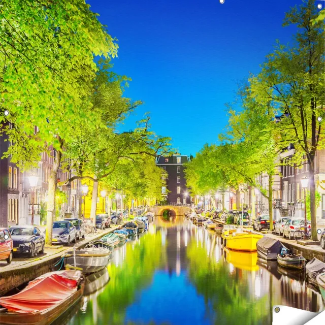 Gards Tuinposter Amsterdamse Gracht in de Nacht - 120x120 cm - Tuindoek - Tuindecoratie - Wanddecoratie buiten - Tuinschilderij Multikleur