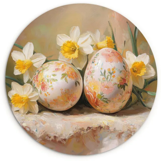 WallCircle Wandcirkel 30x30 cm - Muurcirkel Bloemen - Eieren - Geschilderd - Muurdecoratie woonkamer - Wanddecoratie slaapkamer - Kamer decoratie accessoires - Ronde schilderijen Paaseieren - Vintage