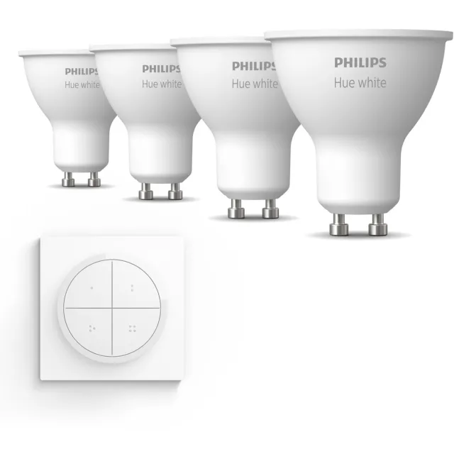 Philips Hue Uitbreidingspakket - GU10 - met 4 Spotjes - Warmwit Licht - Incl. 1 Hue Dial Switch (Wit) - Hue White