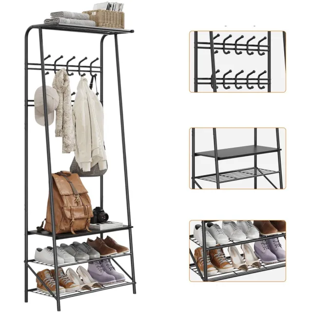Danky 3-in-1 kapstok - Met bankje en dubbellaags schoenenrek - Vrijstaande kapstok voor de hal - Houten afwerking - Met haken - Opbergruimte voor hal/gang - zwart