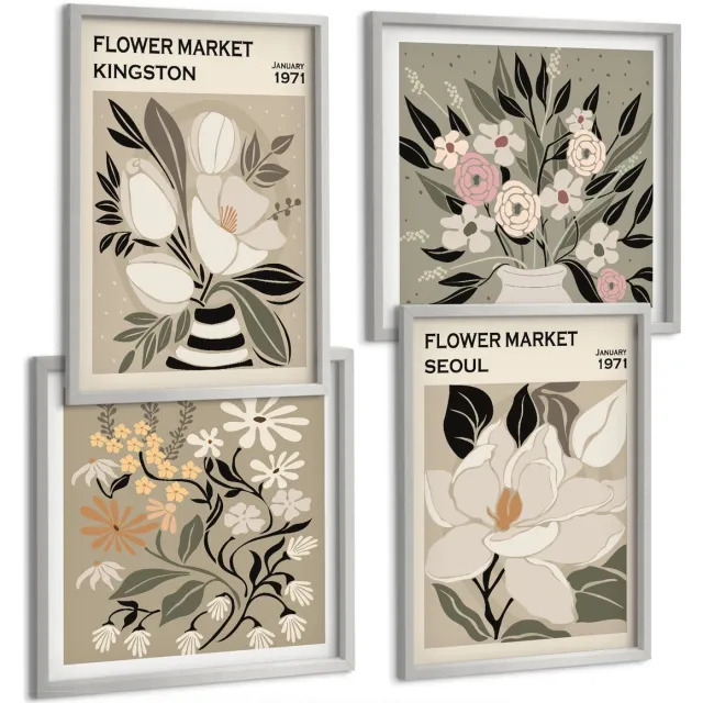 TULUP 4-Delige Schilderij Set - Retro bloemen uit verschillende steden over de hele wereld - 40 x 40 cm en 40 x 60 cm - Stijlvolle Wanddecoratie - Interieur - Decoratieve Schilderijen Zilveren lijst