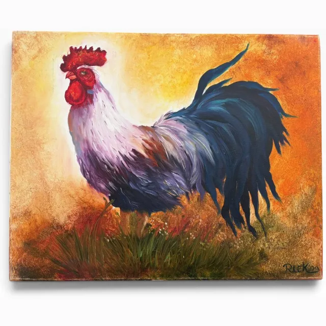 Galerie de voorst Olieverfschilderij Haan – Handgeschilderd – Riek van de Bor – 40 × 50 cm zwart, blauw, bruin, oranje, wit