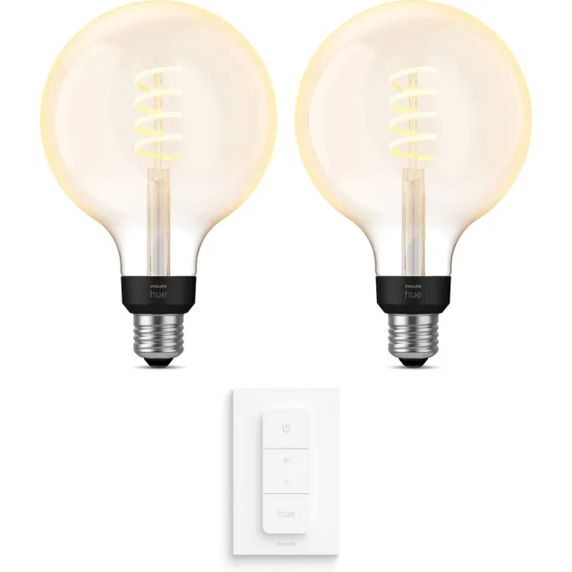 Philips Hue Uitbreidingspakket - E27 - met 2 Filament Globelampen Groot (G125) - Warm tot Koelwit Licht - Incl. 1 Hue Dimmer Switch - Hue White Ambiance Filament