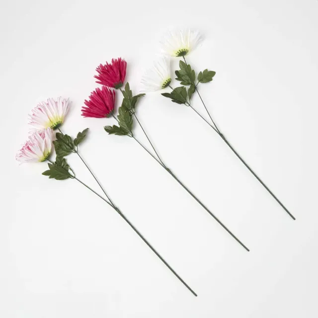 Homescapes Set van 3 kunstchrysanten met lange steel - rood, crème en roze bloeiend, 60 cm Wit, Roze, Rood